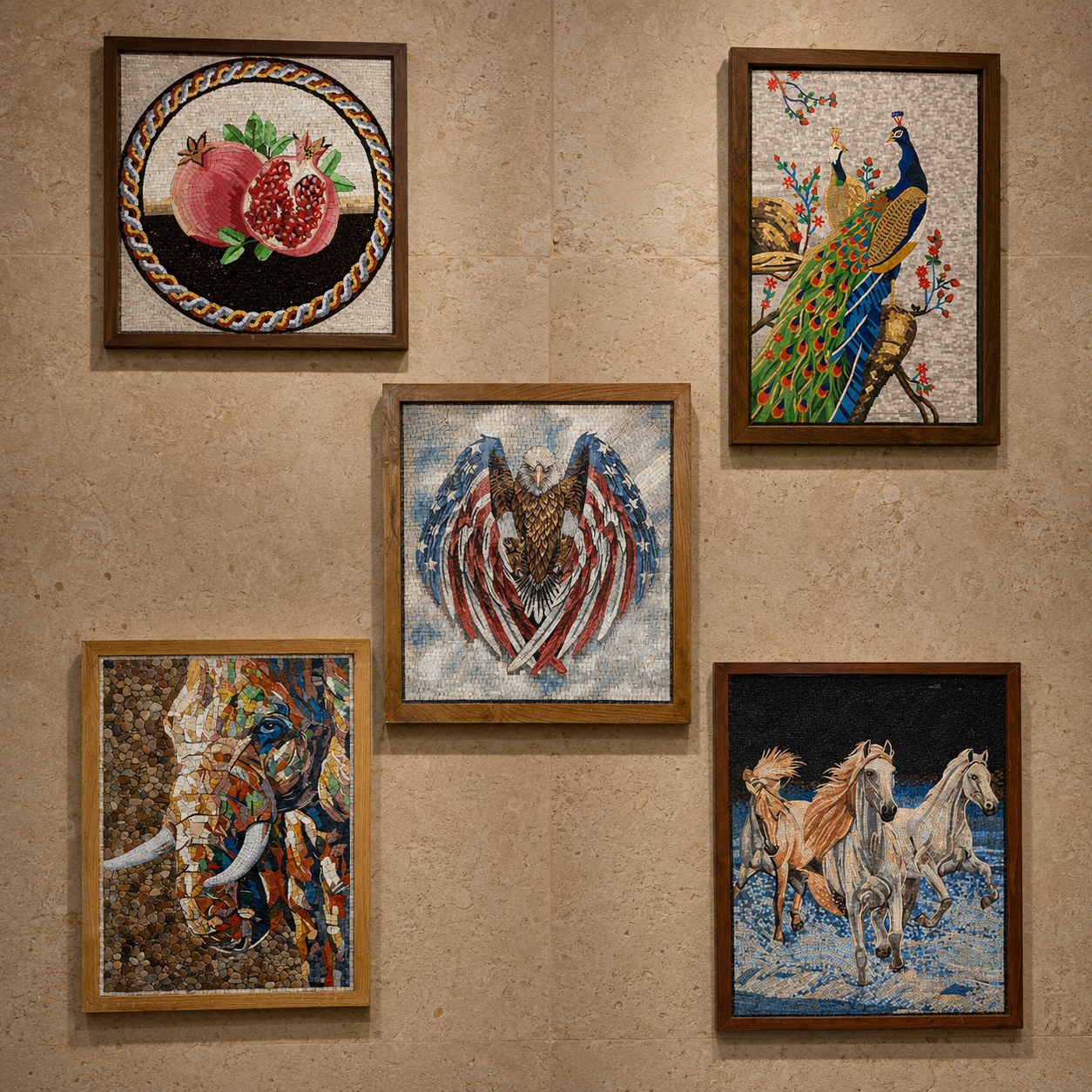 Gallery wall of framed Bethlehem mosaic artworks including pomegranate, peacock, eagle, elephant, and horse designs
