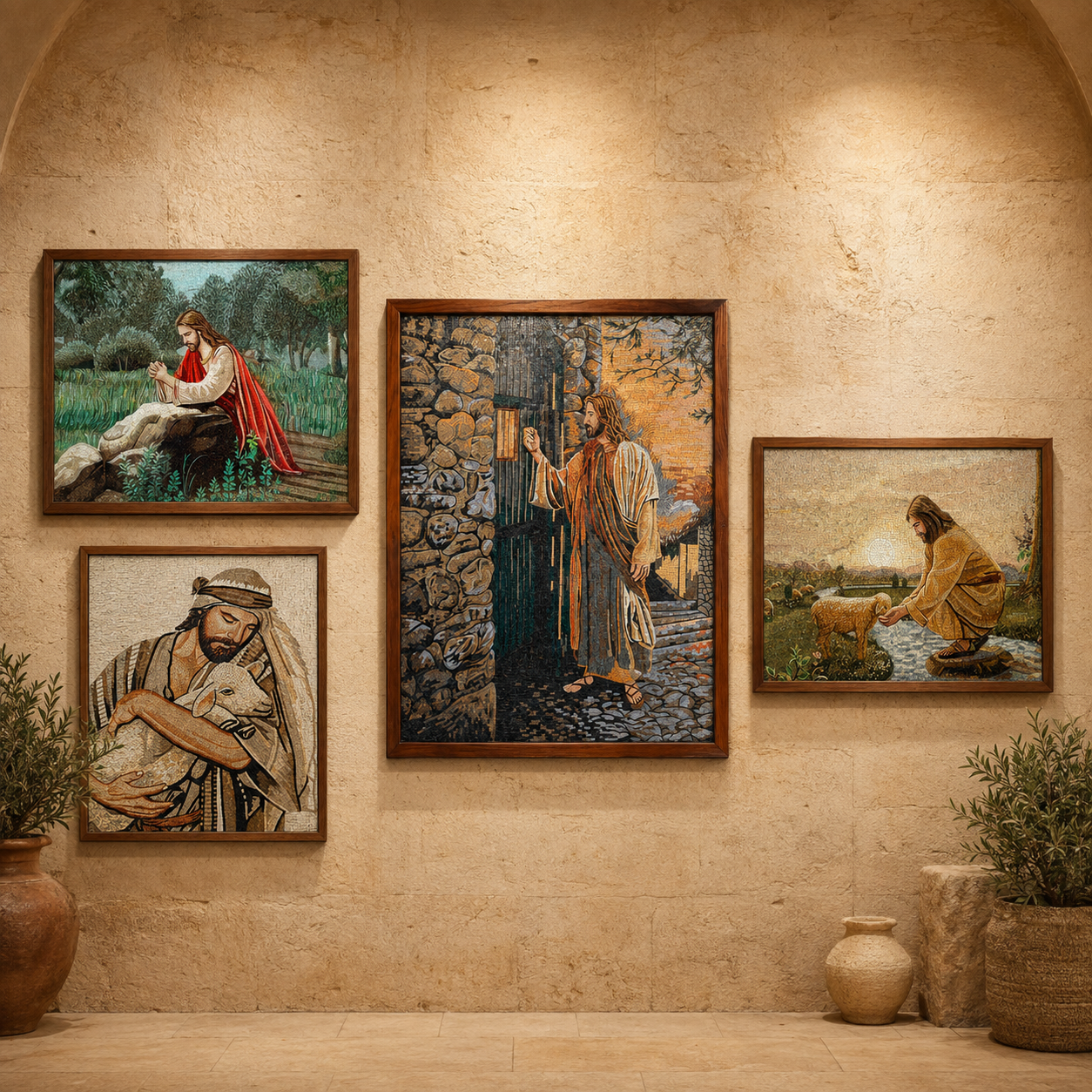Framed Good Shepherd themed mosaic artworks made with Holy Land stones, displayed together on a stone wall