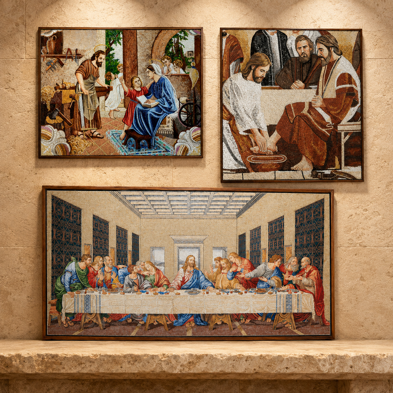 Framed Holy Family and Last Supper themed mosaic artworks made with Holy Land stones, displayed together