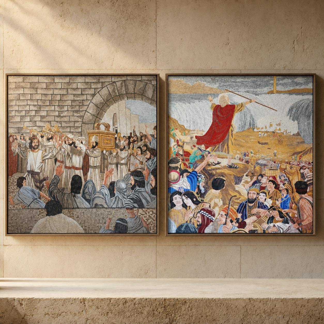 Bethlehem mosaic collection depicting the fall of Jericho and the crossing of the Red Sea, made with Holy Land stones