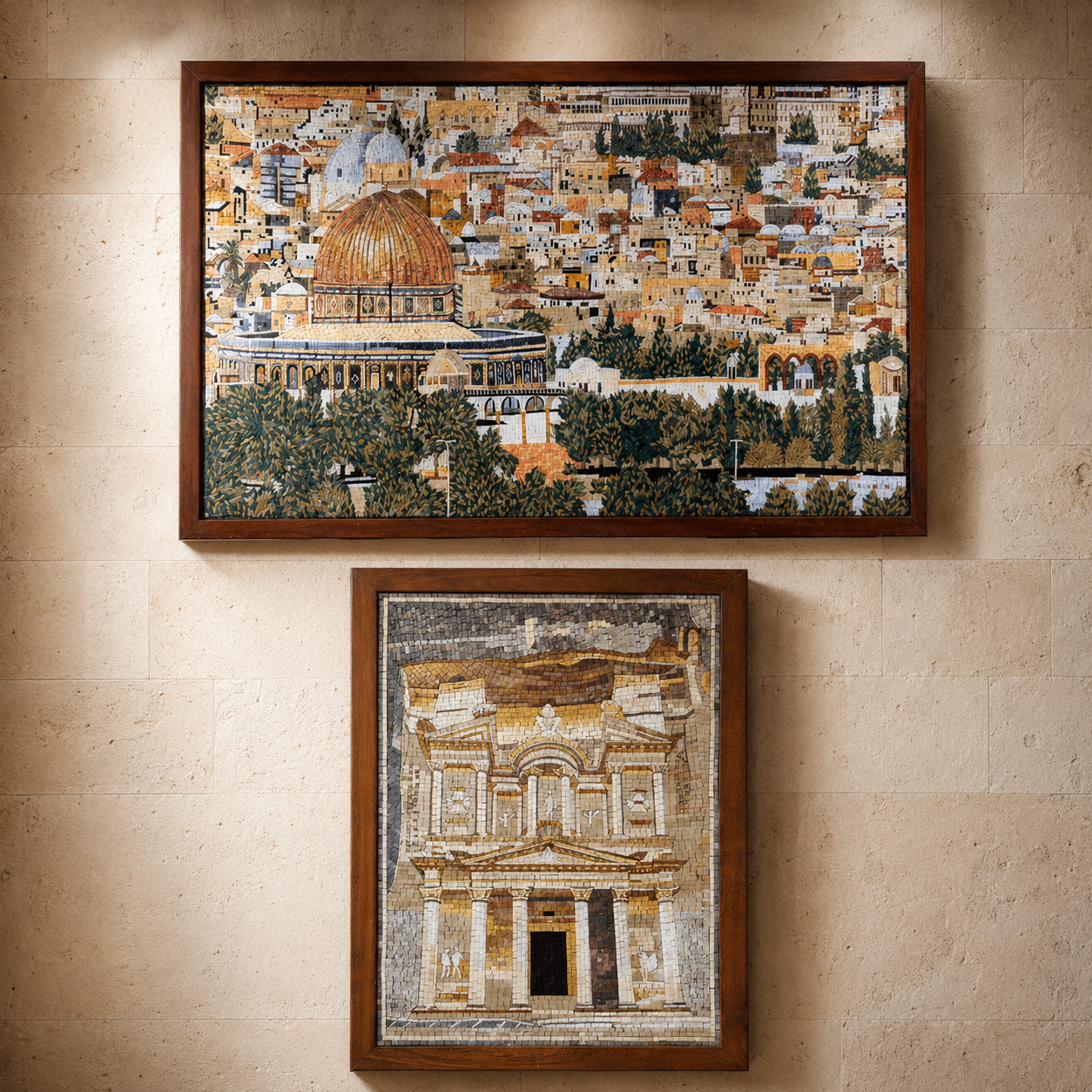 Framed Bethlehem mosaic artworks depicting Jerusalem and Petra scenes, displayed together, made with Holy Land stones