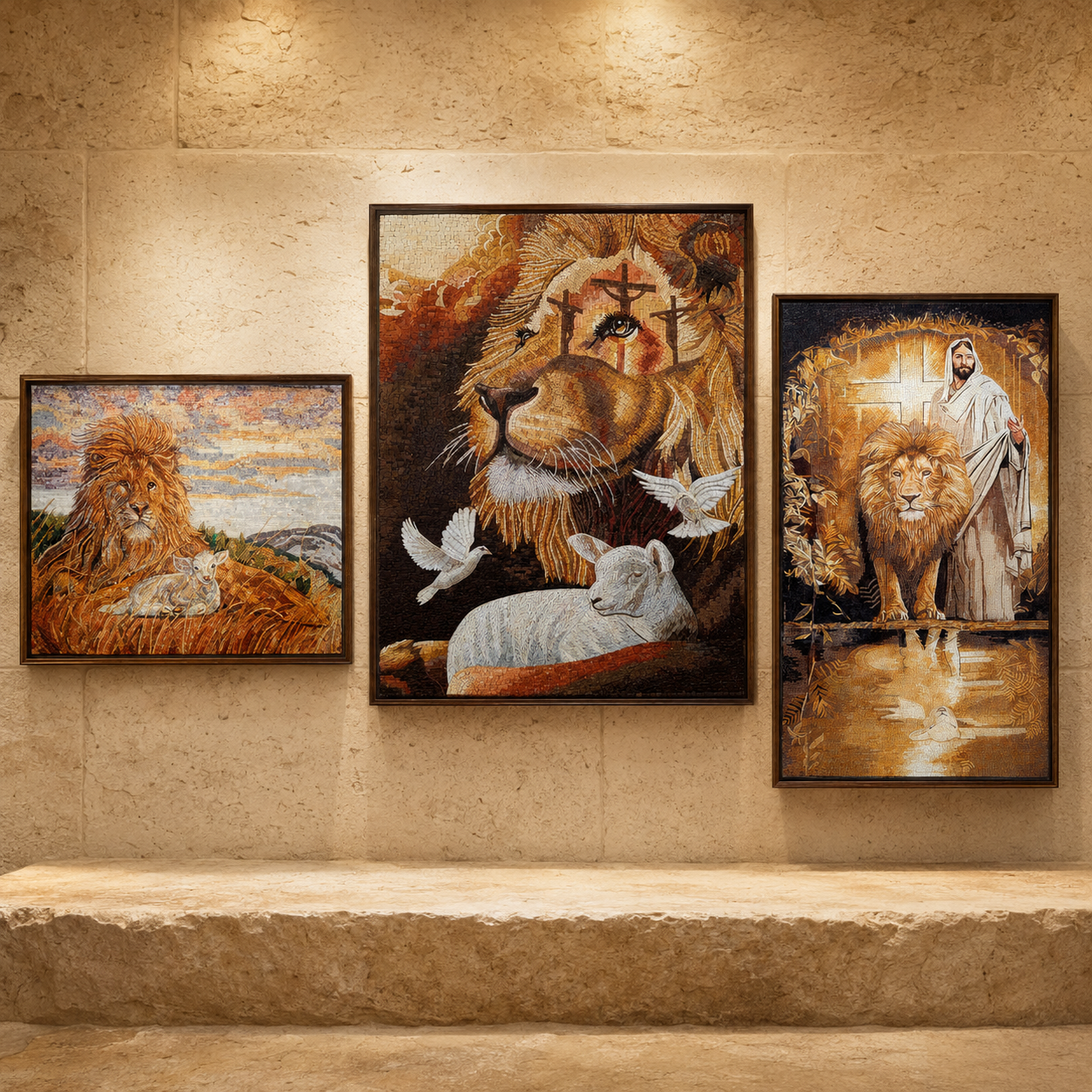 Bethlehem mosaic collection featuring Lion and Lamb themed artworks made with Holy Land stones