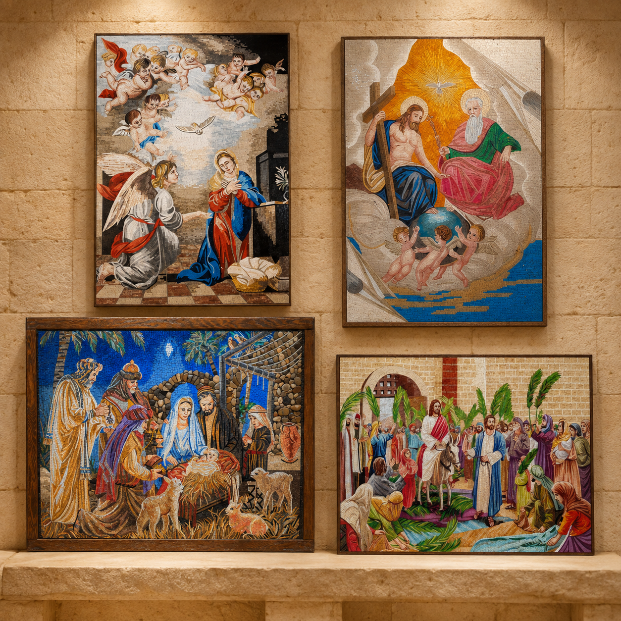 Framed Nativity, Annunciation, and Trinity themed mosaic artworks made with Holy Land stones, displayed together