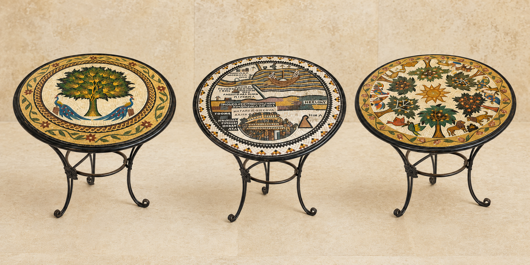 Mosaic-topped tables made with Holy Land stones, featuring Tree of Life, biblical map, and Garden of Eden designs on wrought-iron stands
