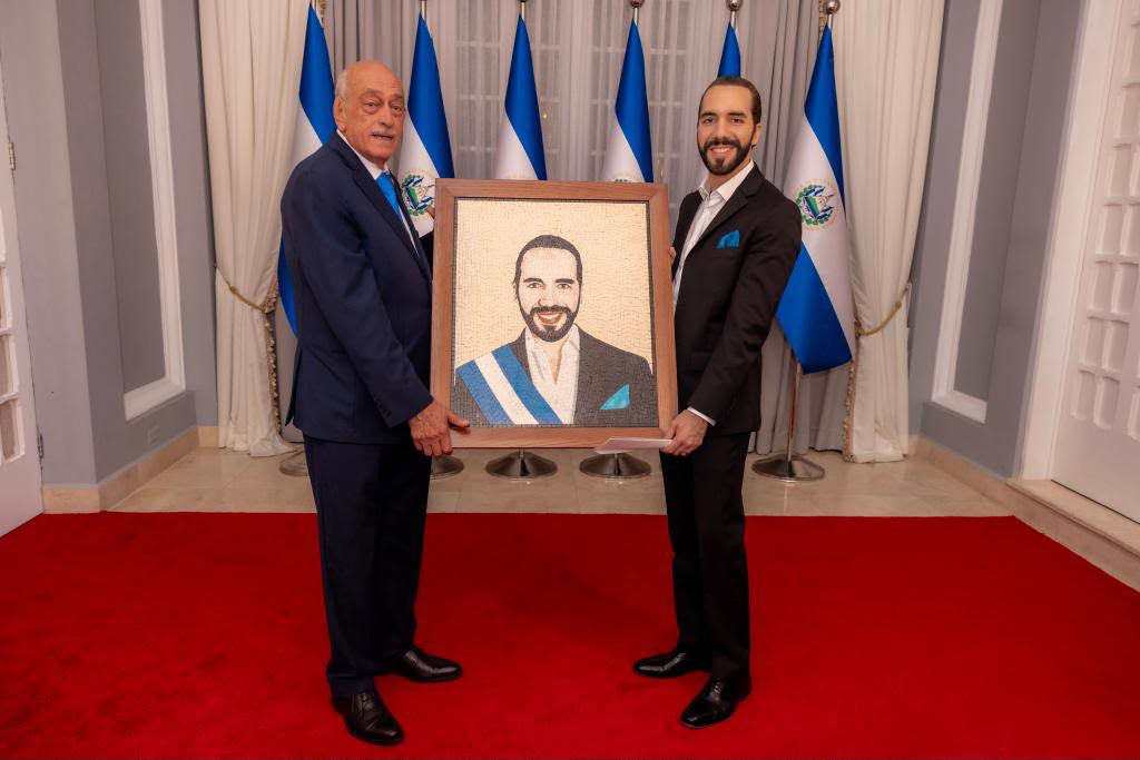 Custom mosaic portrait of President Nayib Bukele of El Salvador, presented framed by The Three Arches
