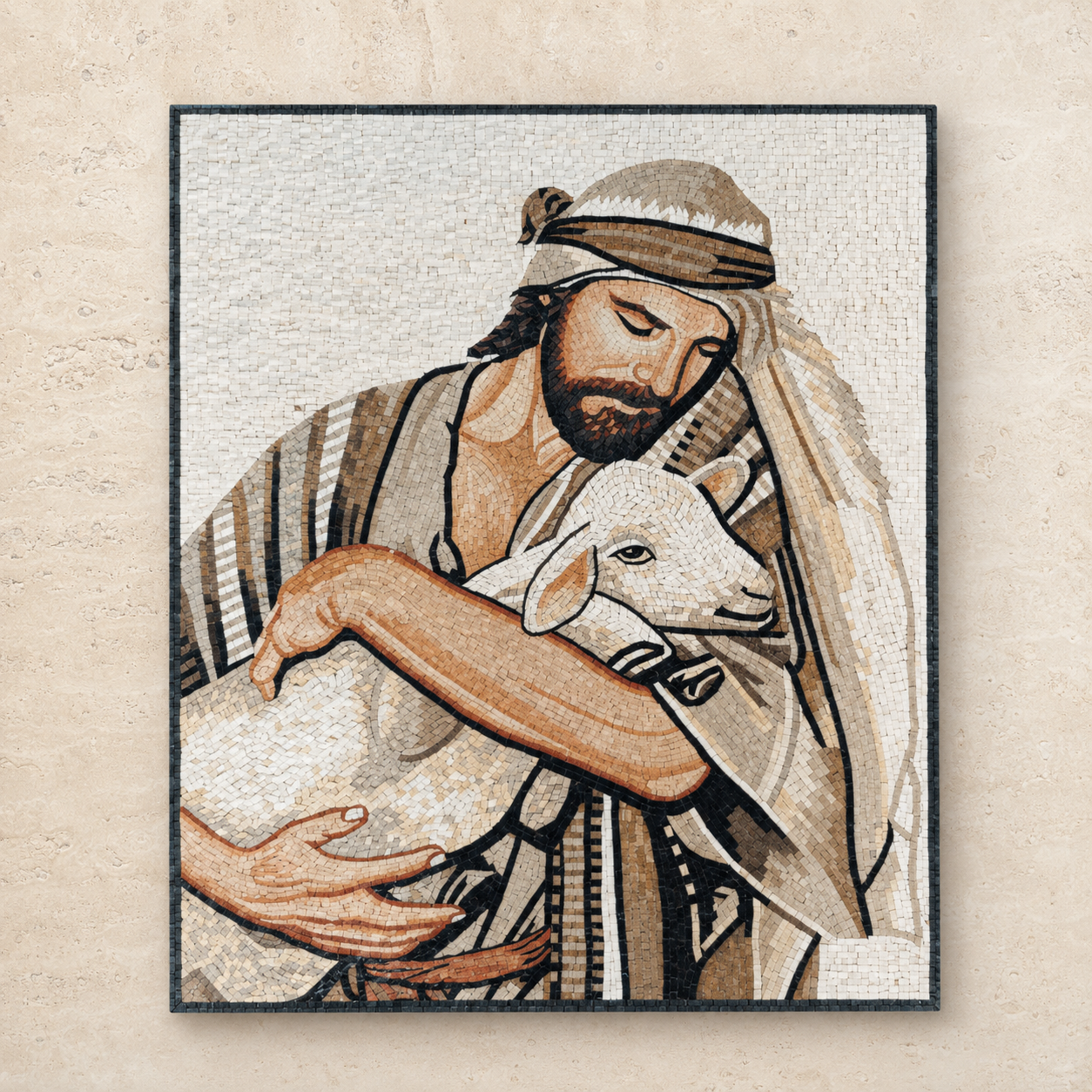 Good Shepherd mosaic art made with Holy Land stones, depicting Christ carrying a lamb
