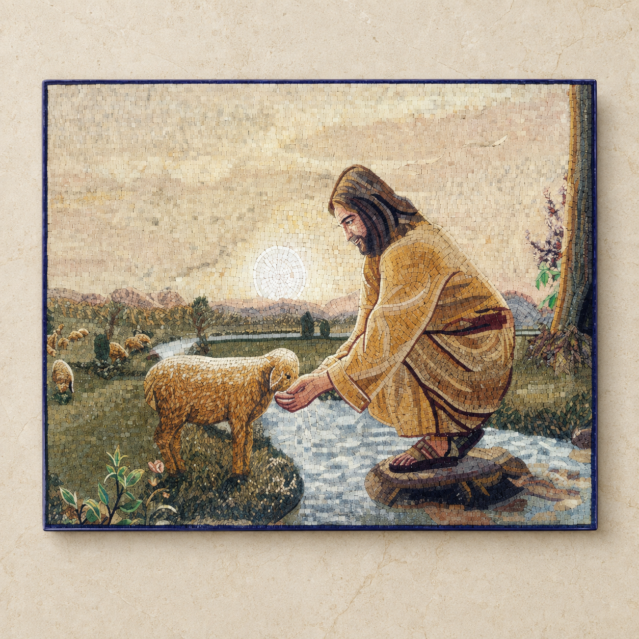 Good Shepherd mosaic art made with Holy Land stones, showing Christ leading a lamb beside still water