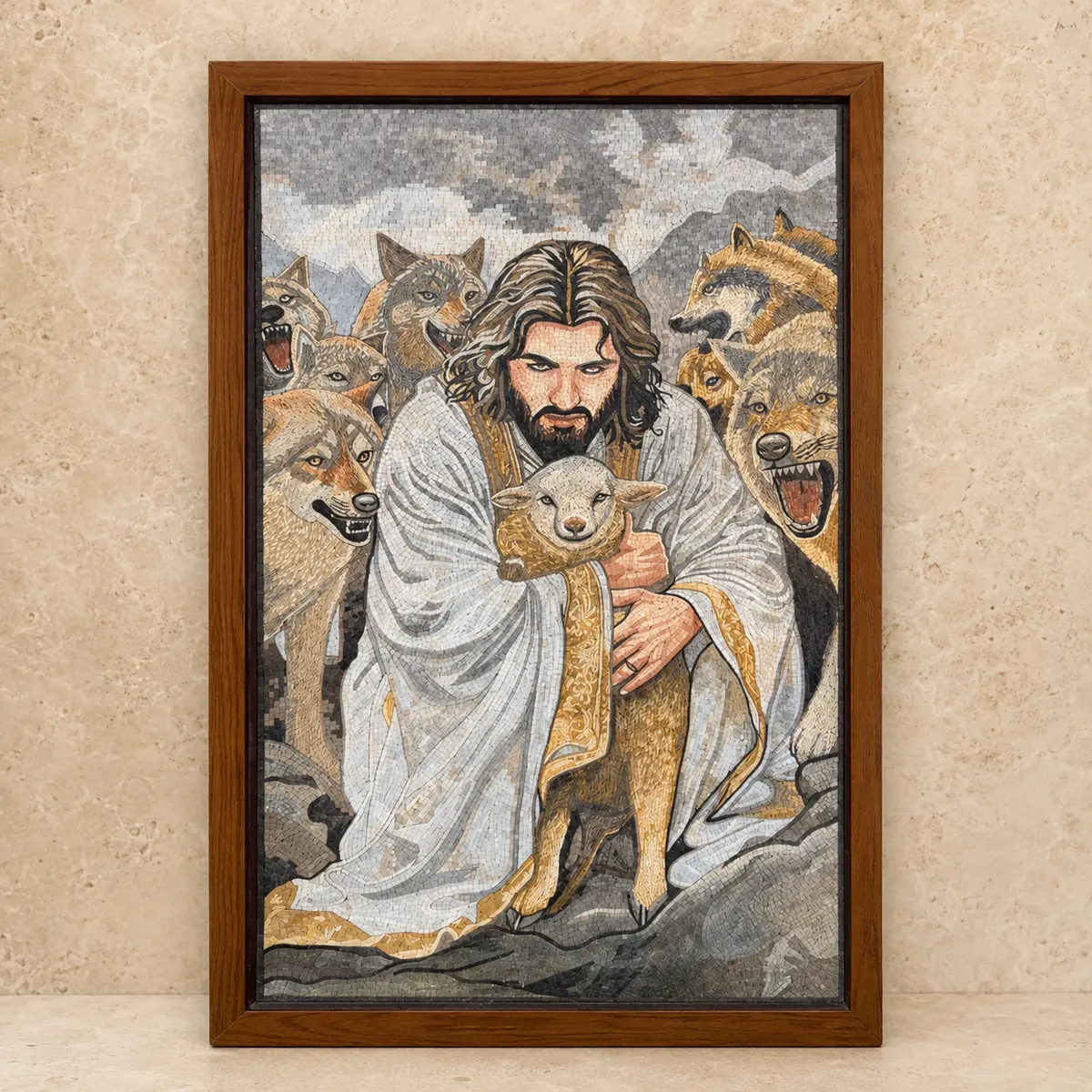 Mosaic artwork of the Good Shepherd protecting a lamb from wolves, made with Holy Land stones