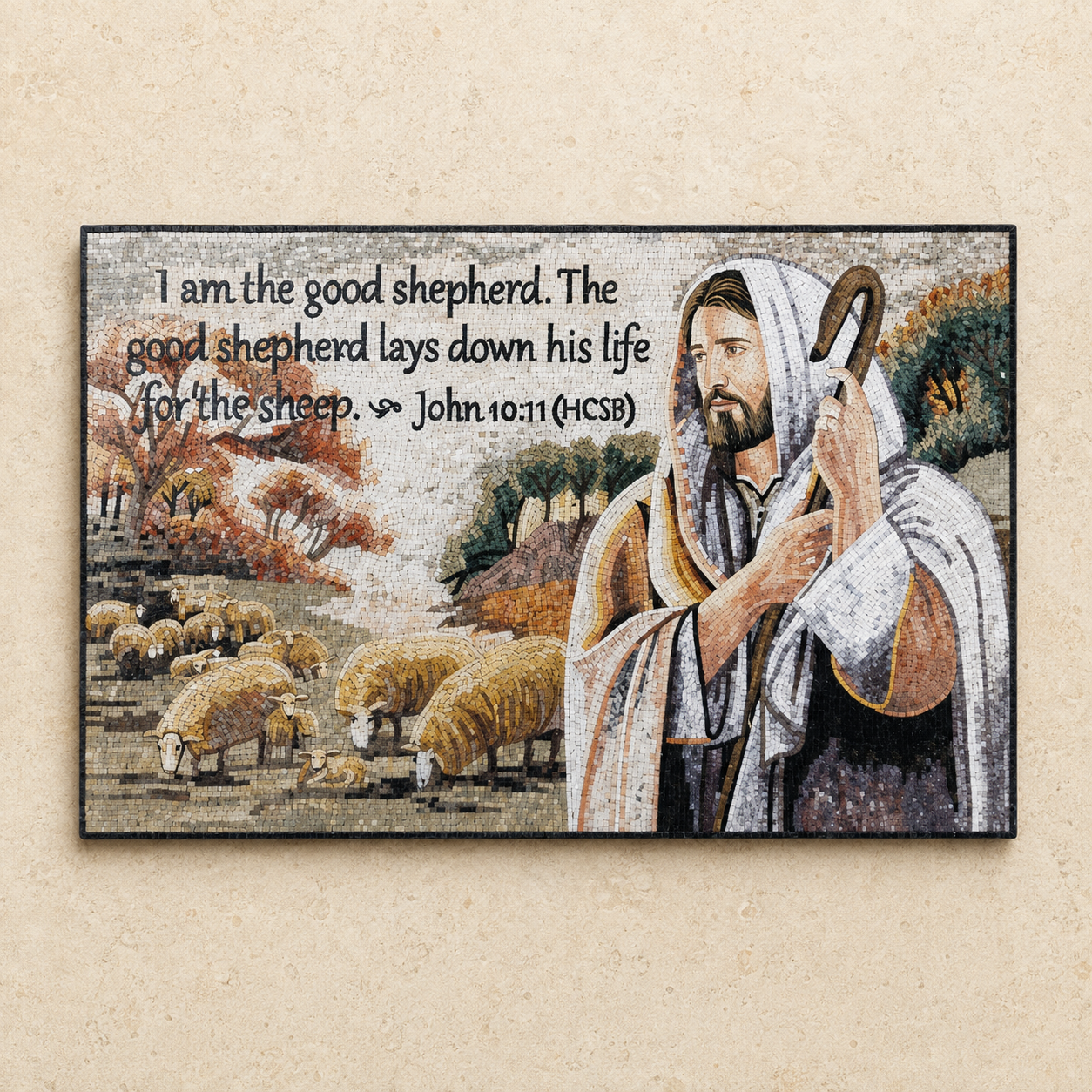 Good Shepherd mosaic art made with Holy Land stones, illustrated with the scripture verse John 10:11