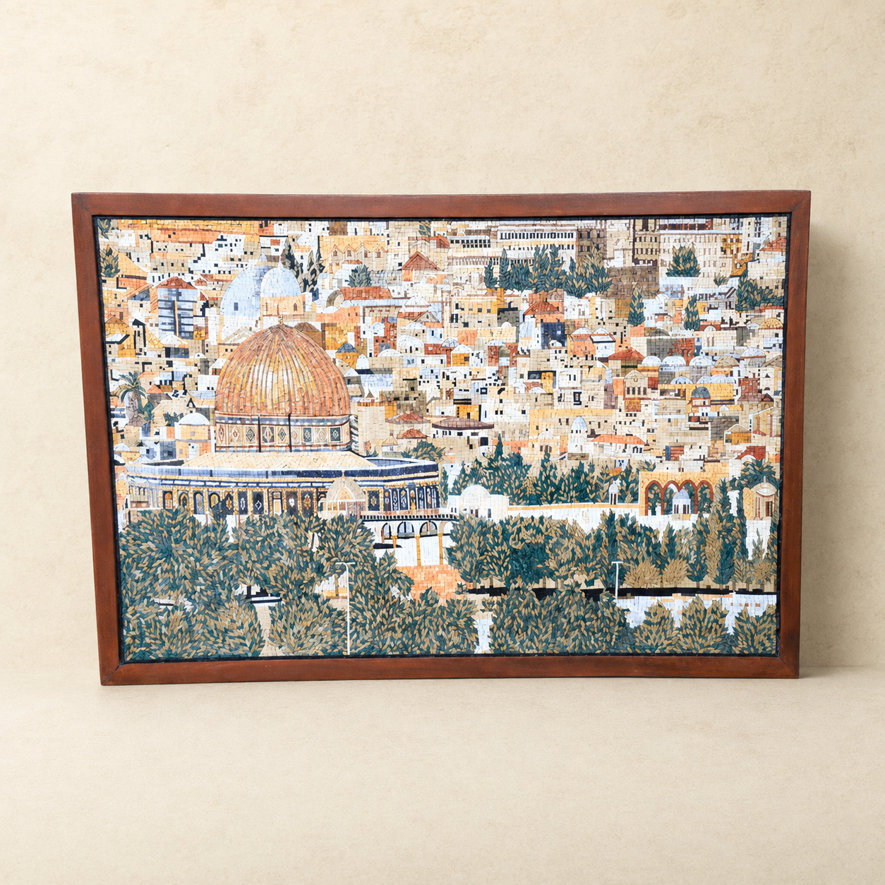 Jerusalem City mosaic art made with Holy Land stones, showing the Dome of the Rock and the old city skyline