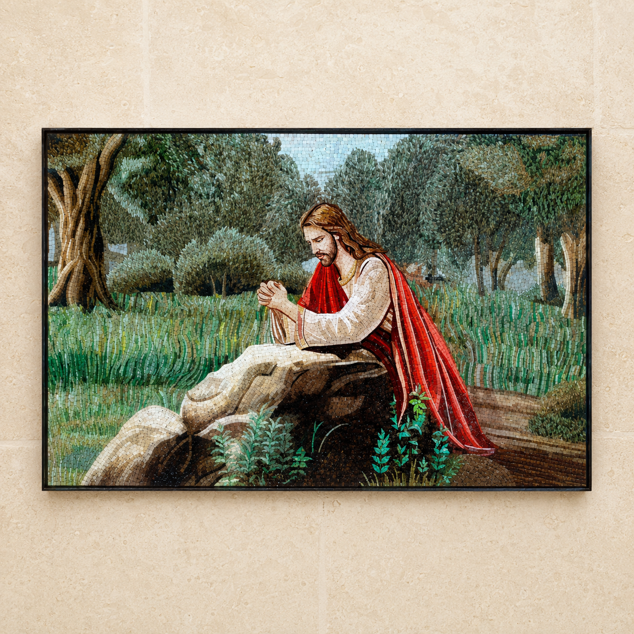 Mosaic art of Jesus praying in the Garden of Gethsemane, made with Holy Land stone tesserae