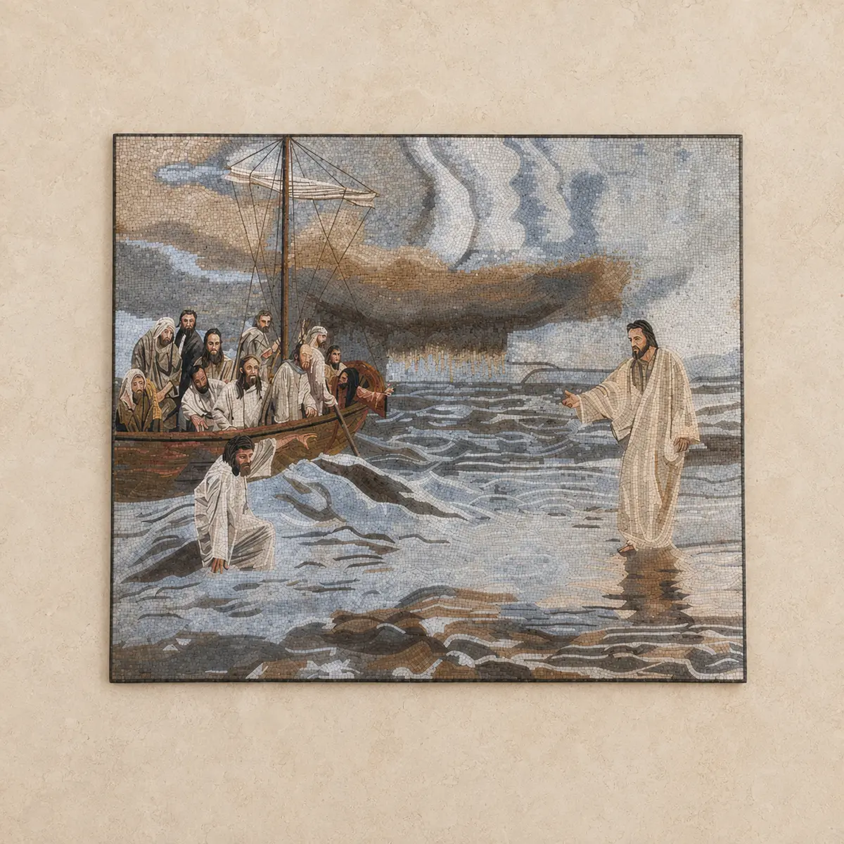 Mosaic artwork of Jesus walking on water toward the disciples' boat, with Peter stepping out onto the sea, made with Holy Land stones