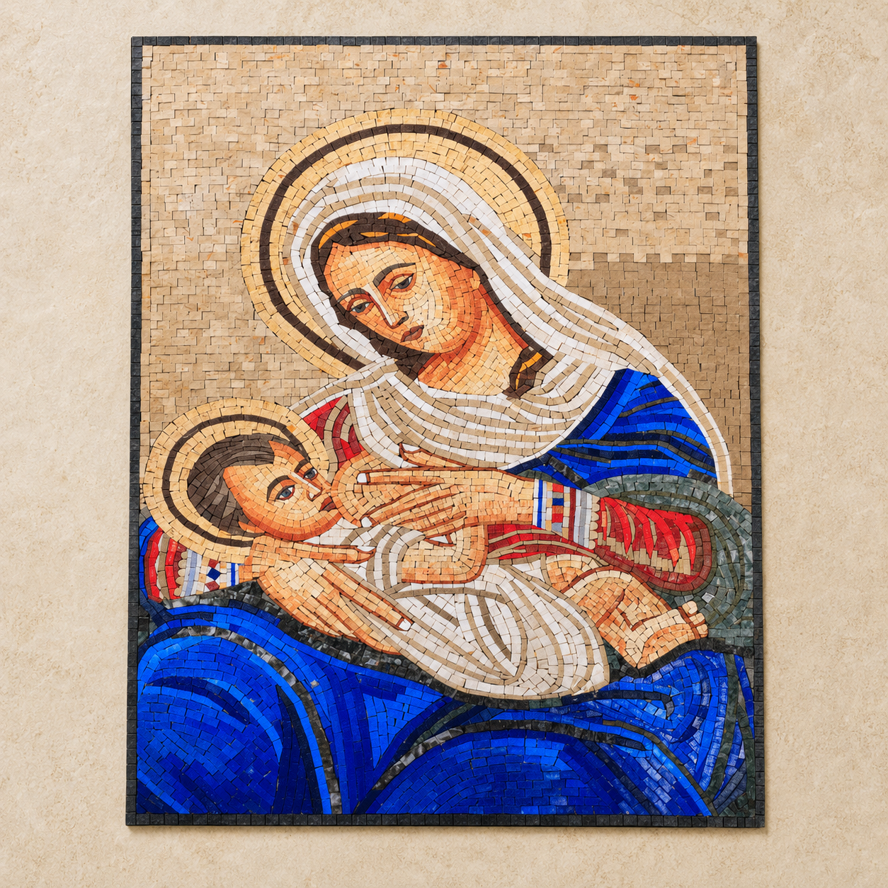 Madonna and Child mosaic art made with Holy Land stones, depicting the Virgin Mary holding the infant Jesus