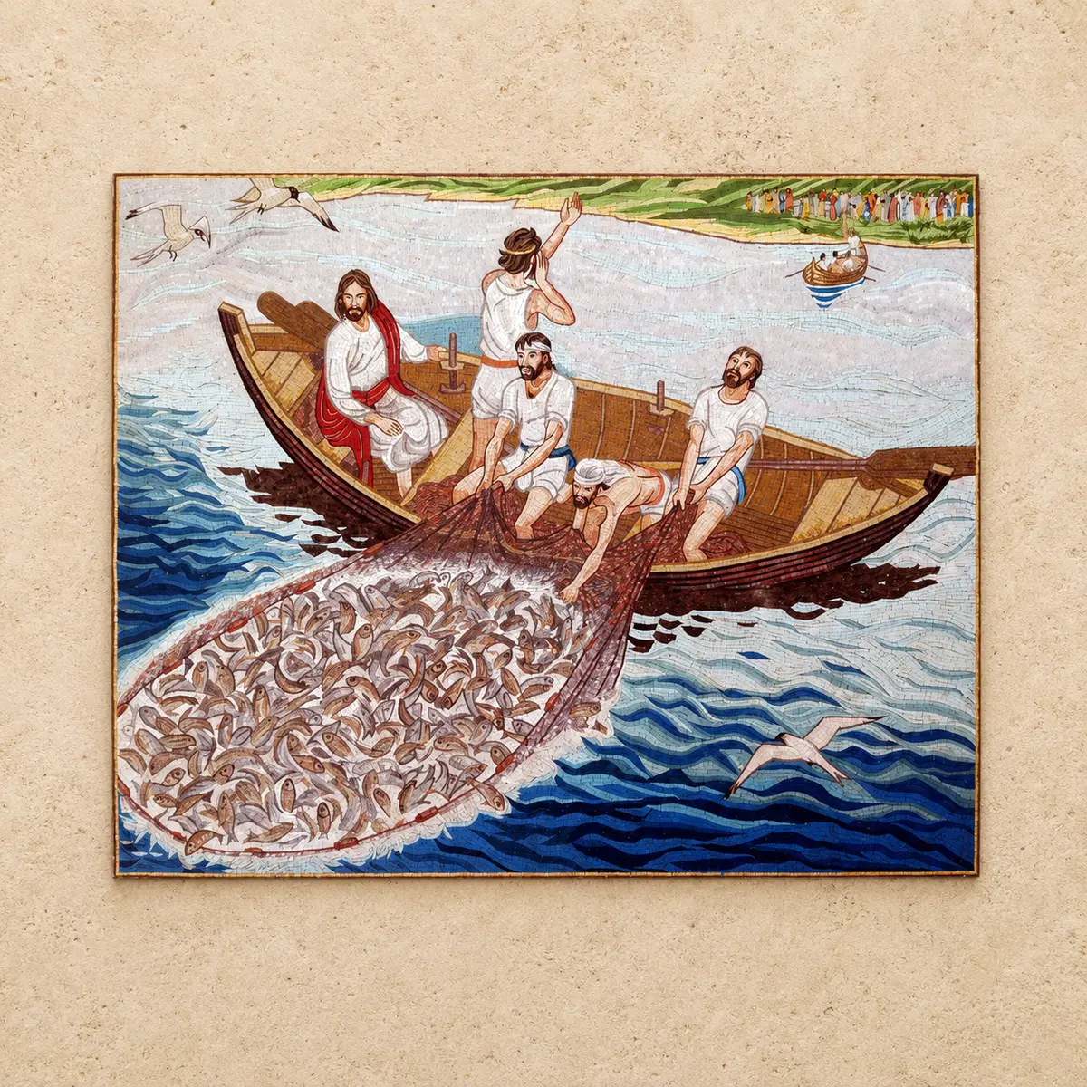 Mosaic artwork of the miraculous catch of fish, with a net full of fish being pulled into a boat, made with Holy Land stones
