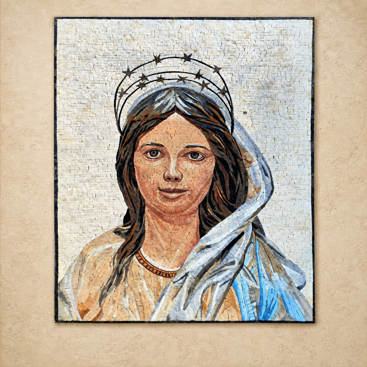 Our Lady of Bethlehem mosaic art made with Holy Land stones, a smiling portrait of the Virgin Mary