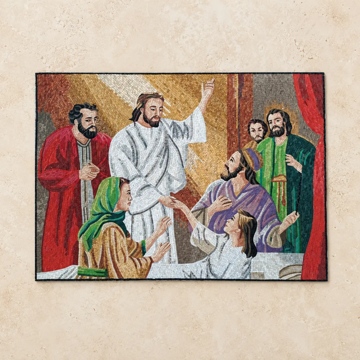 Mosaic artwork of Jesus raising Jairus's daughter, the Talitha Kumi scene, surrounded by family, made with Holy Land stones