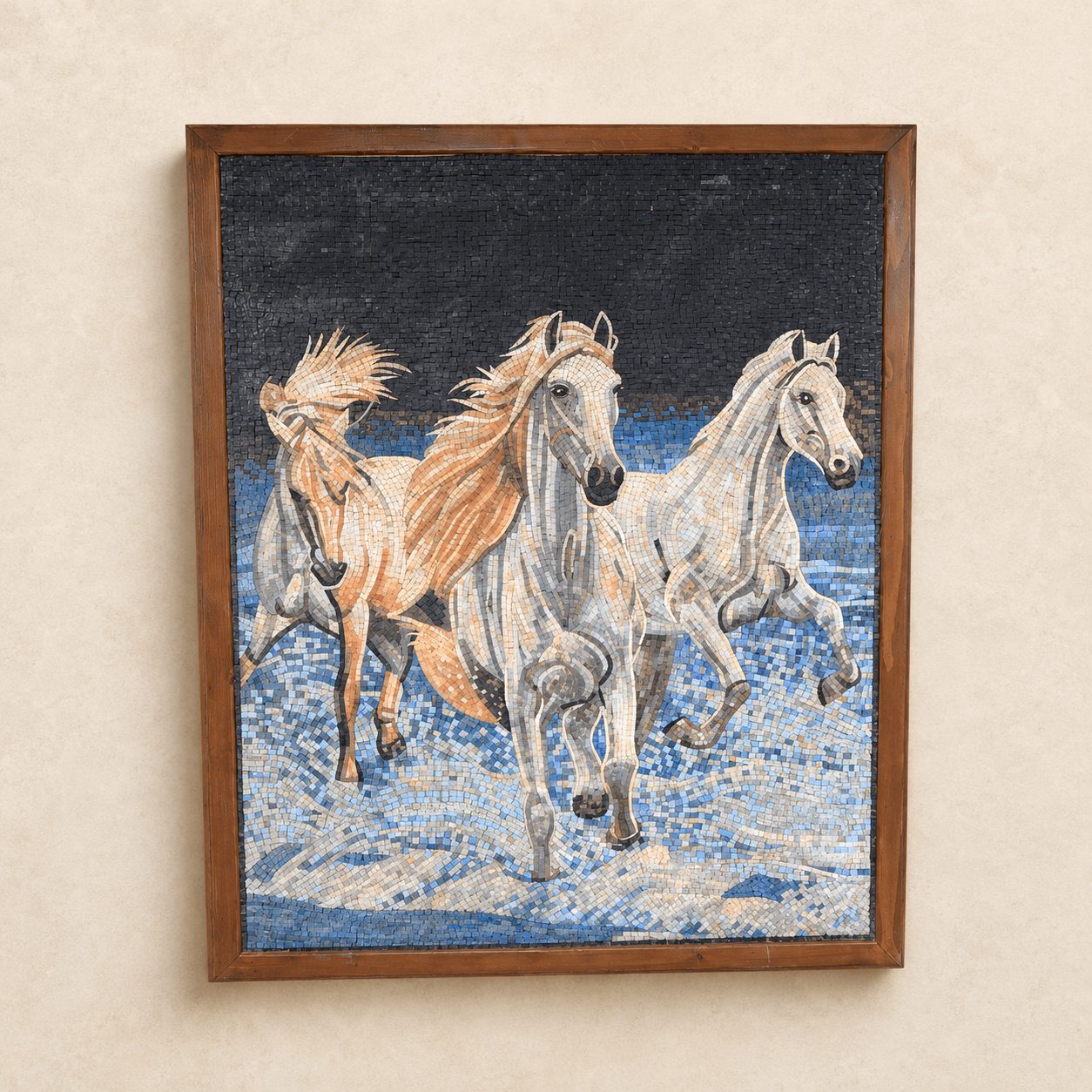 Mosaic artwork of three horses made from natural stone tesserae in varied earth tones