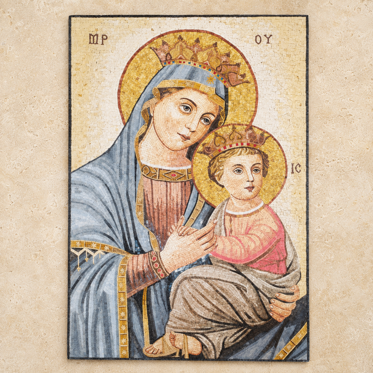 Icon-style mosaic of the Virgin Mary holding the infant Jesus, made with Holy Land stone tesserae