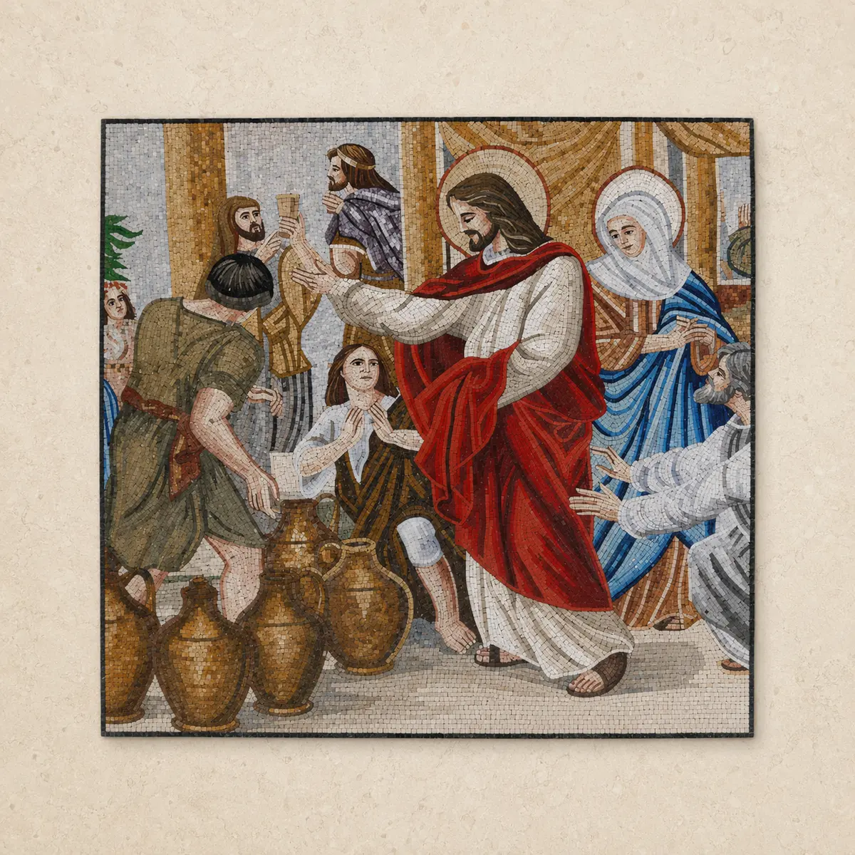 Mosaic artwork of the Wedding at Cana, with Jesus and jars of water being turned to wine, made with Holy Land stones